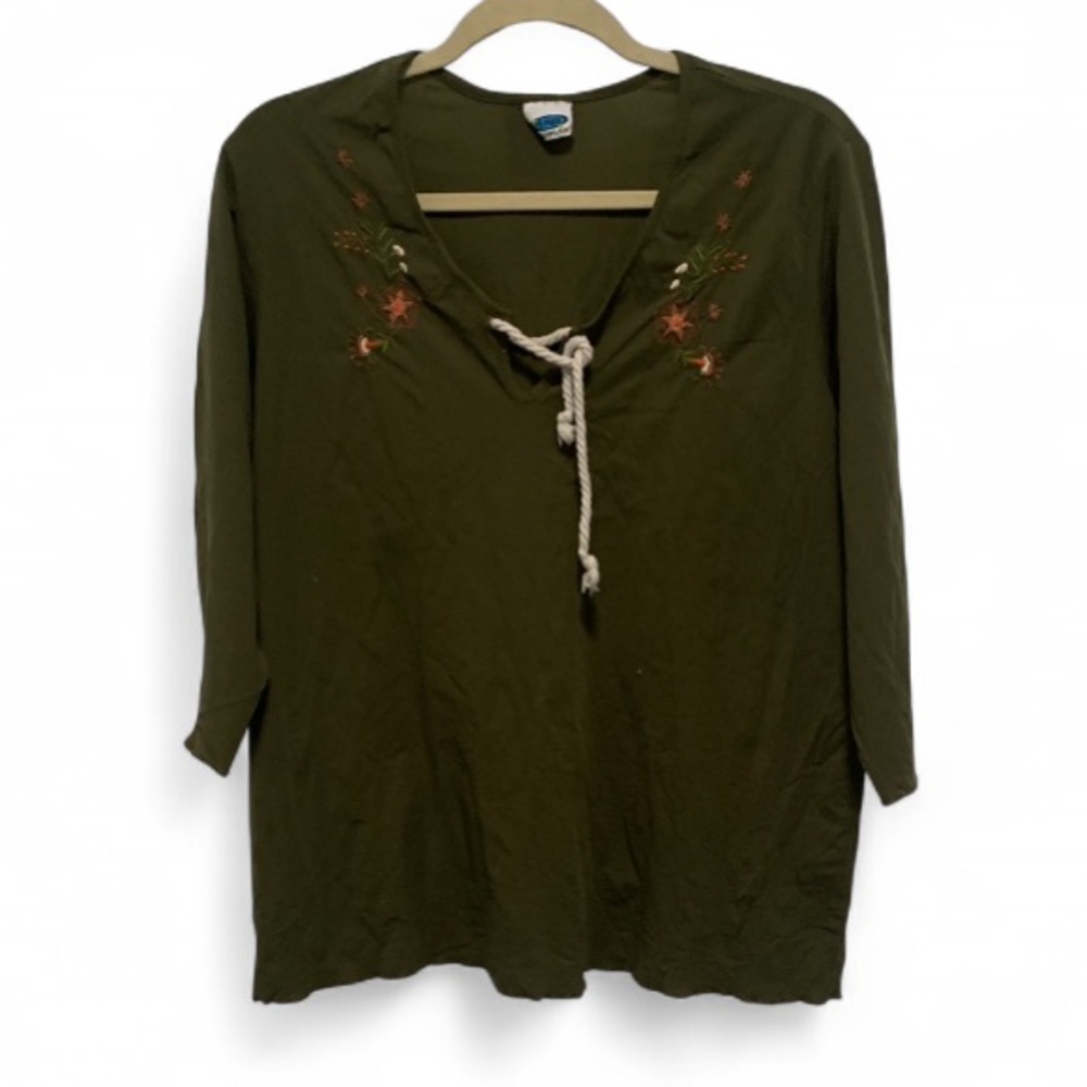 Vintage Olive Green Embroidered Rope-Tie Blouse